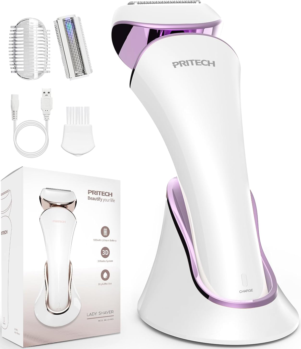 PRITECH Electric Shaver for Women, Ladies Shaver, Lady Razor for Legs, Arm,Underarm, Bikini,USB Rechargeable Razor Wet&Dry Cordless for Woman