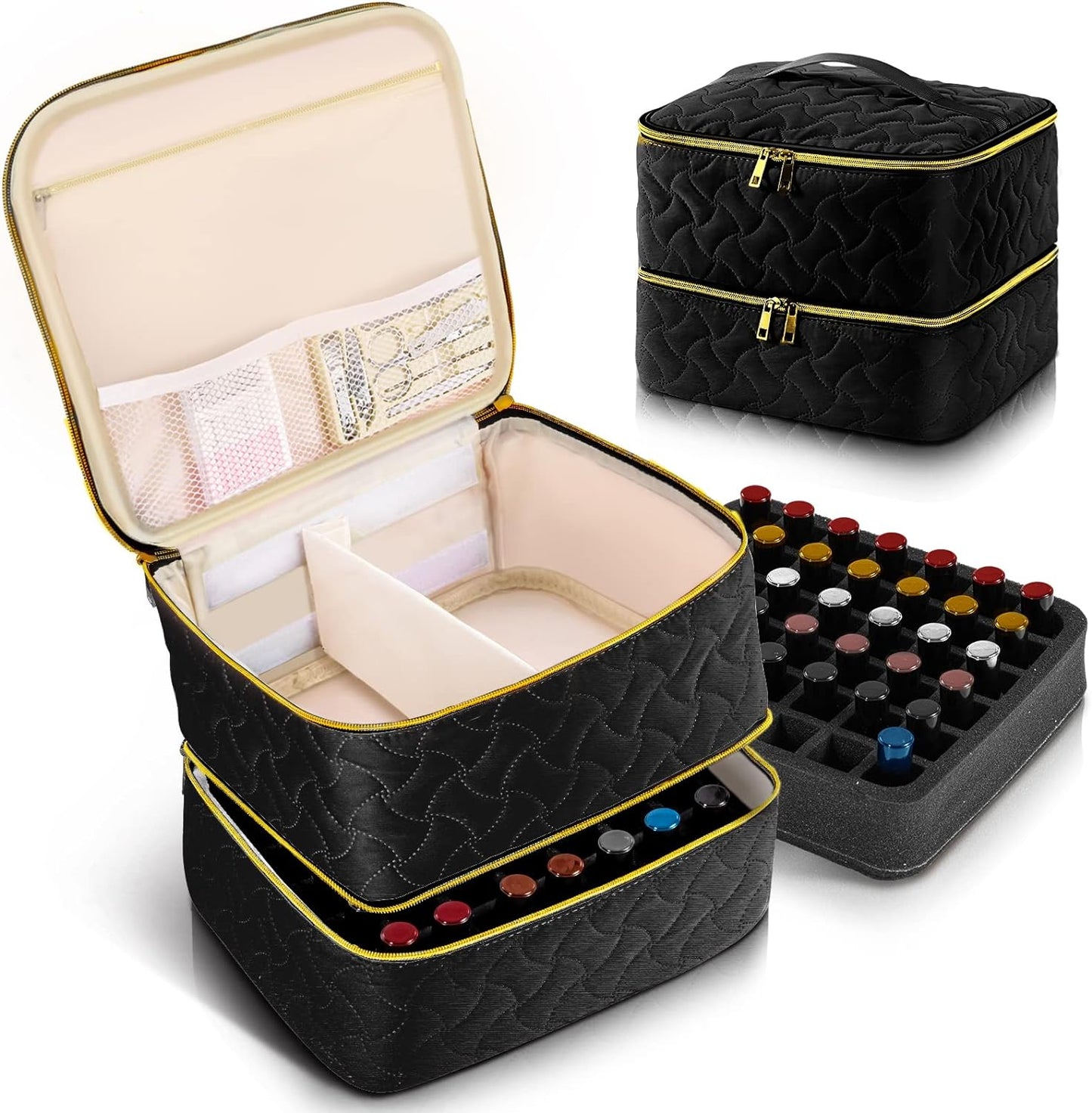 Nail Polish Organizer Case Holds 42 Bottles (15ml/0.5 fl.oz), Double-Layer Nail Polish Storage with Adjustable Dividers, Portable Nail Polish Bag for Nail Gel Nail Lamp and Manicure Tools, Black