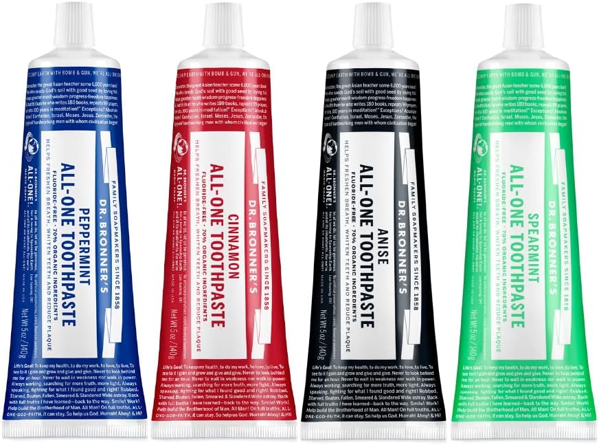 Dr. BronnerÕs - All-One Toothpaste Variety Pack - Peppermint, Cinnamon, Anise, & Spearmint, 70% Organic Ingredients, Natural & Effective, Fluoride-Free, Helps Freshen Breath, Vegan (5oz, 4-Pack)