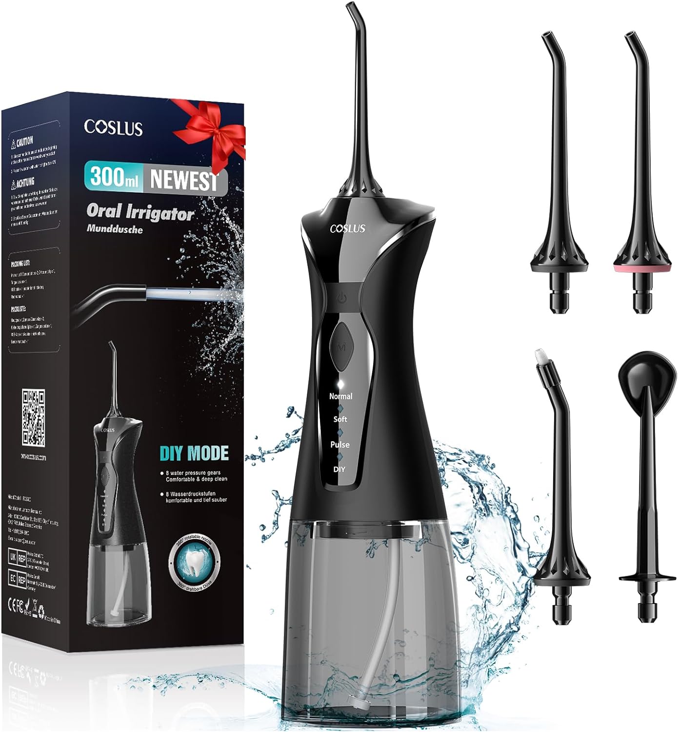 COSLUS Water Dental Flosser Pick for Teeth: 4 Modes Cordless Portable 300ML Larger Tank Water Teeth Cleaner IPX7 Waterproof Oral Irrigator Professional Flossing Cleaning Picks for Home Travel FC5360