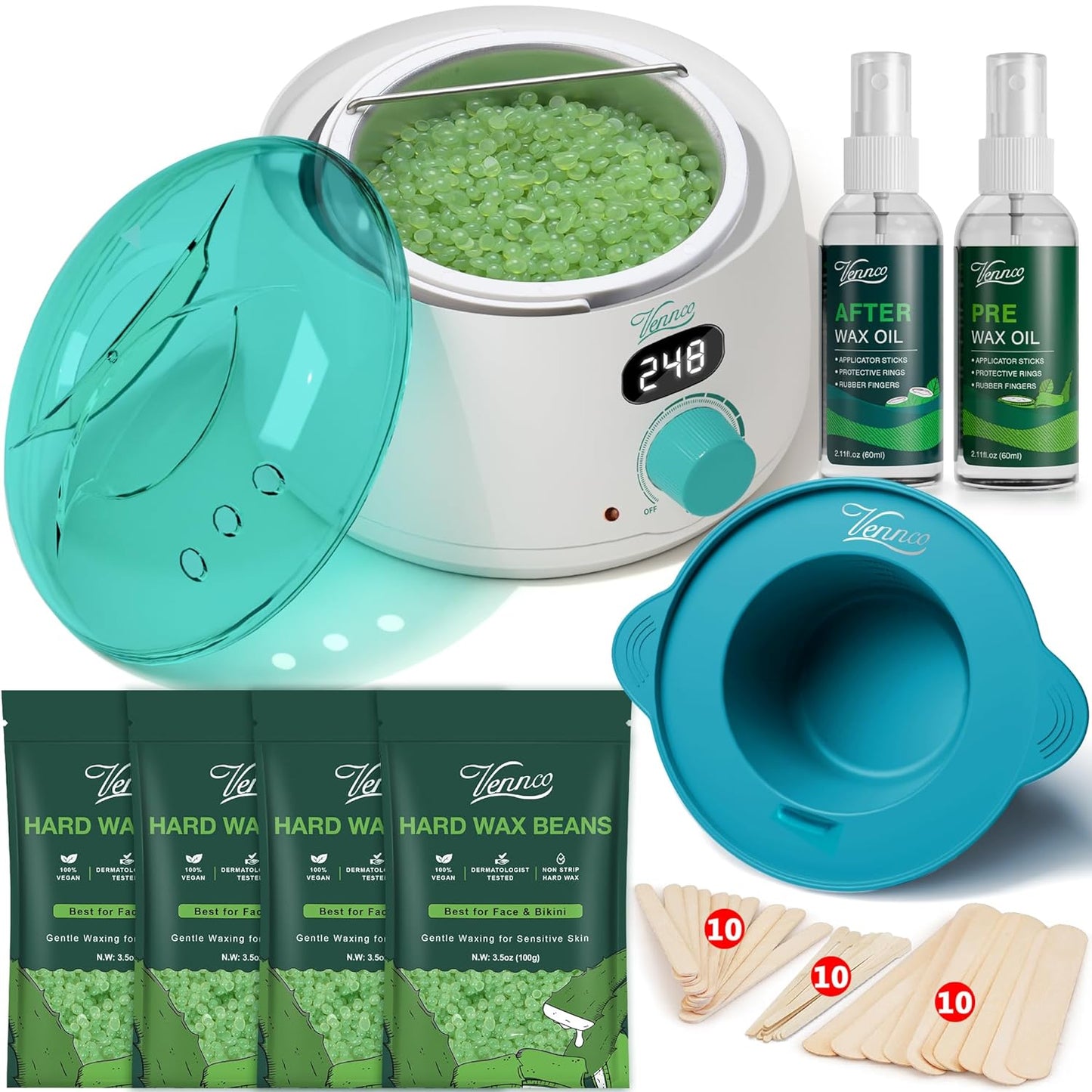 VENNCO Digital Waxing Kit - 14oz Hard Wax & Silicone Liner for Sensitive Skin & Coarse Hair Removal - Home Kit for Body, Face, Leg, Bikini