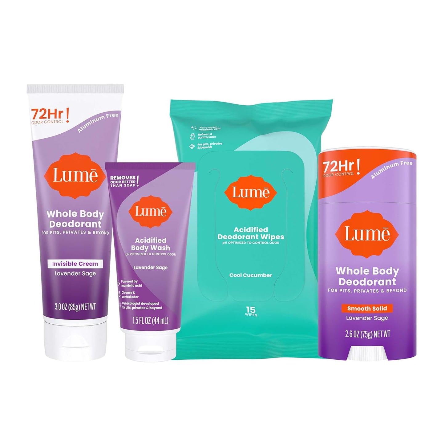 Lume Whole Body Deodorant Starter Pack - Smooth Solid Stick, Invisible Cream Tube, Acidified Body Wash Mini & Deodorant Wipes - Aluminum & Baking Soda Free Odor Control, Skin Loving (Lavender Sage)