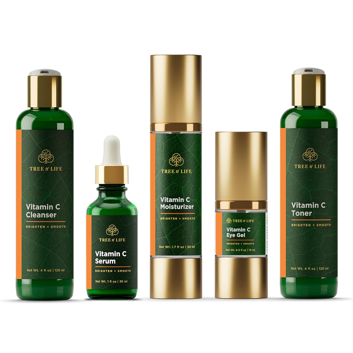 Tree of Life Vitamin C Brightening Complete 5-Pack: Serum (1 Oz), Moisturizer Cream (1.7 Oz), Eye Gel, (0.5 Oz), Toner (4 oz), Cleanser (4 oz), Renewing for Face, Clean Dermatologist-Tested Skin care