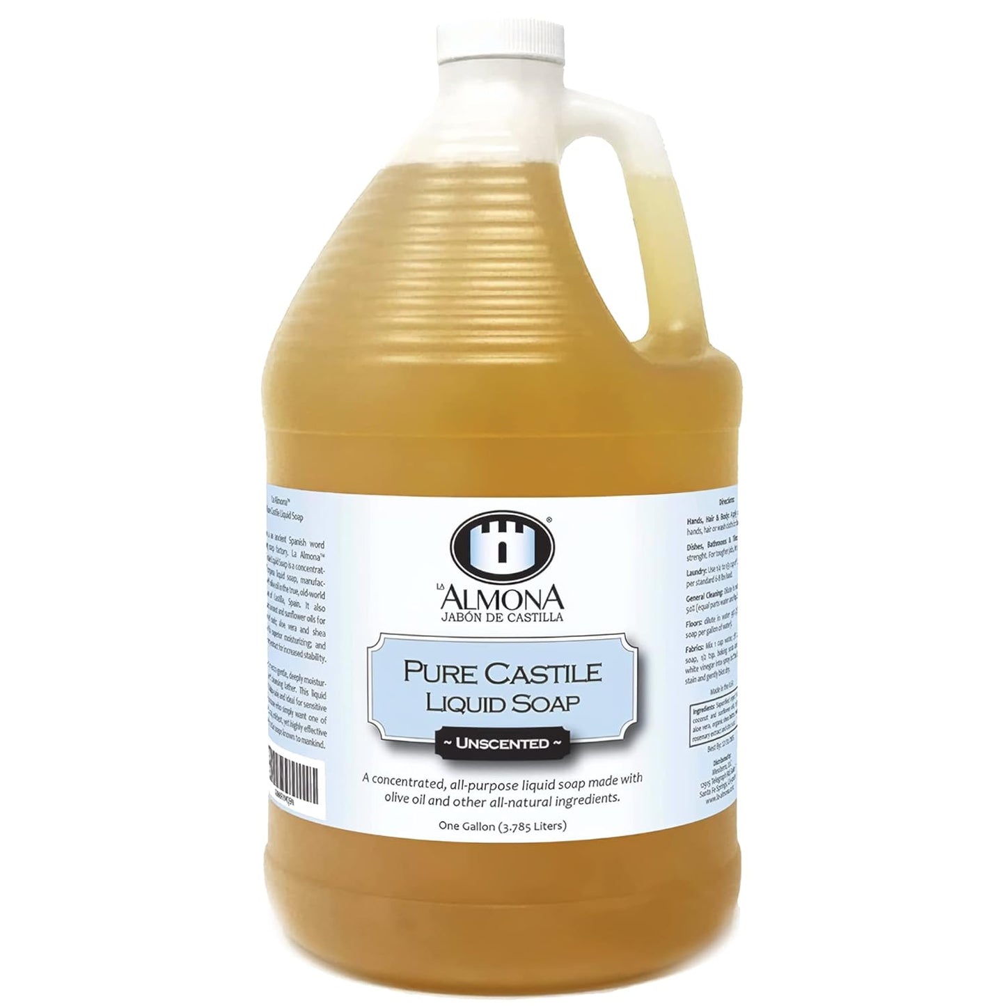 La Almona - Pure Castile Liquid Soap, UNSCENTED, 1 Gallon - Multipurpose: Hands, Face, Body, Laundry, Dishes & More - For Sensitive Skin, All-Natural Ingredients, Fragrance Free