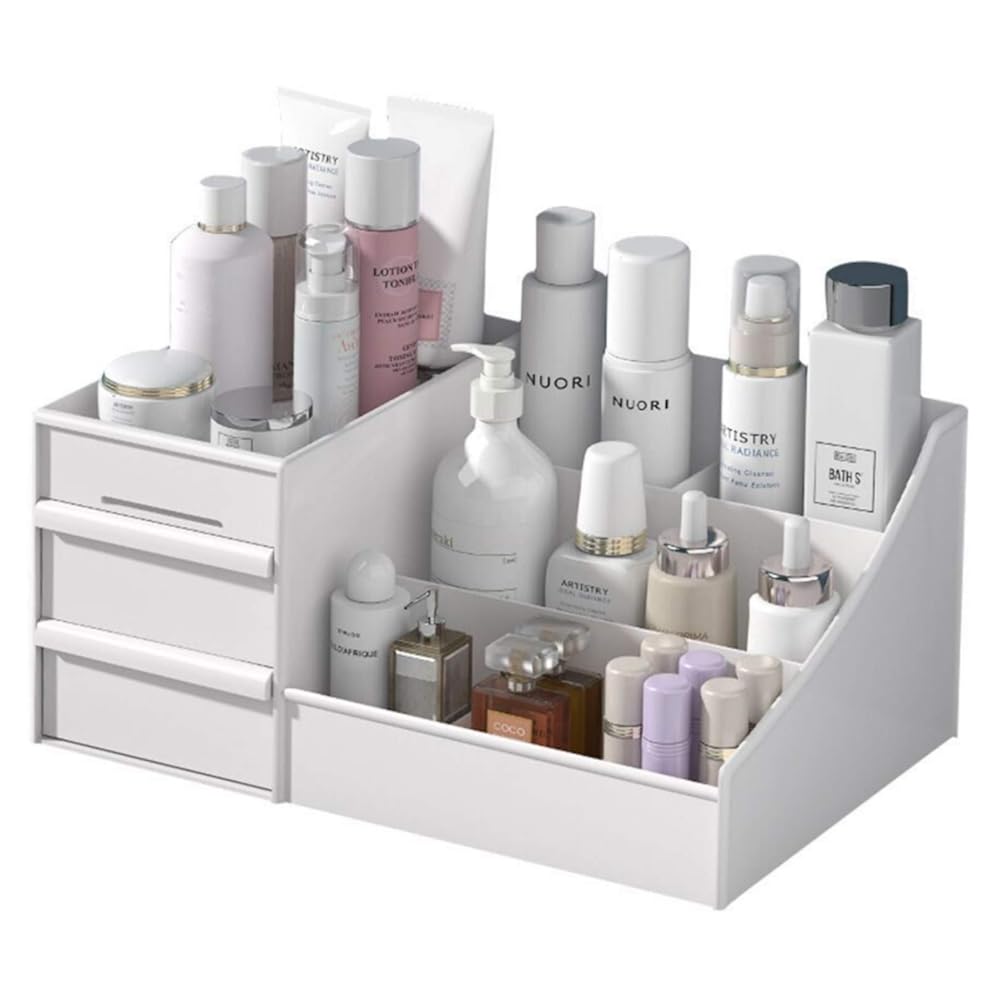 Simbuy Makeup Organizer With Drawers Ñ Countertop Organizer for Cosmetics, Vanity Holder for Lipstick, Brushes, Lotions, Eyeshadow, Nail Polish and Jewelry (White)