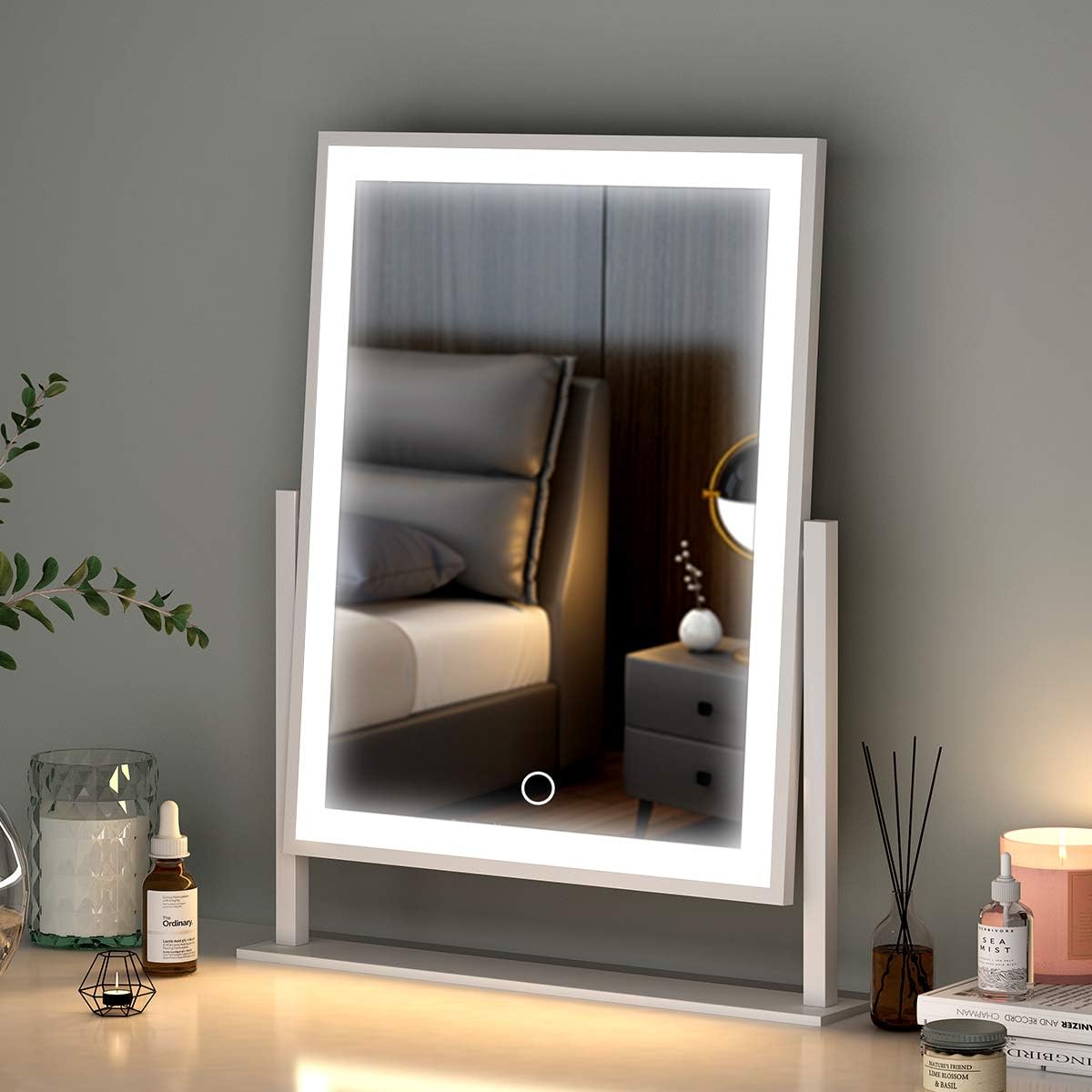durup Lighted Hollywood Vanity Makeup Mirror with Smart Touch Control 3-Gear Dimable Light 360¡Rotation, Tabletop Mount (12in. White)