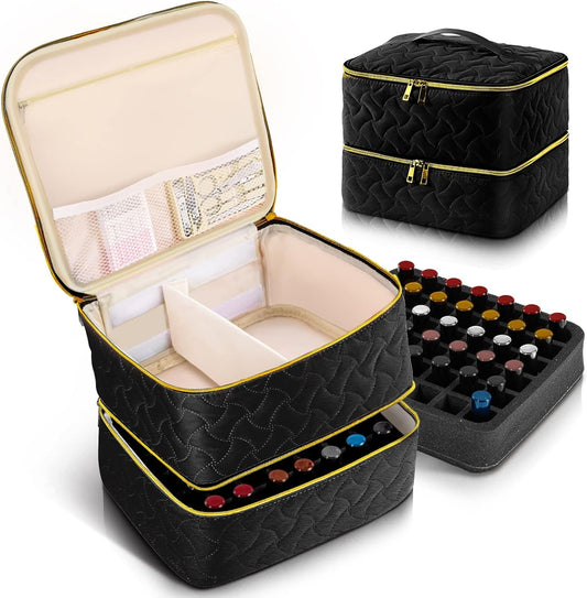 Nail Polish Organizer Case Holds 42 Bottles (15ml/0.5 fl.oz), Double-Layer Nail Polish Storage with Adjustable Dividers, Portable Nail Polish Bag for Nail Gel Nail Lamp and Manicure Tools, Black