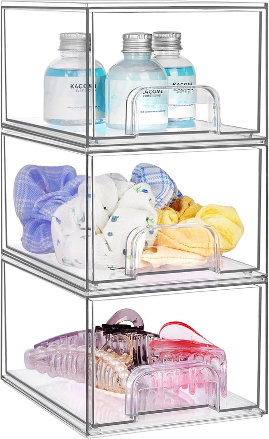 3 Pack Stackable Makeup Organizer Storage Drawers, Vtopmart 4.4'' Tall Acrylic Bathroom Organizers_Clear Plastic Storage Bins For Vanity, Undersink, Kitchen Cabinets, Pantry Organization and Storage