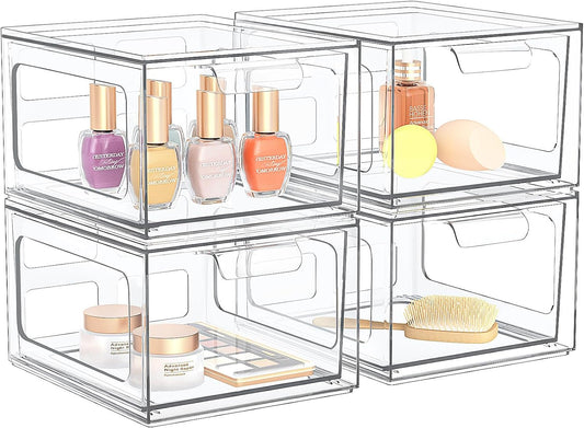 SpaceHacks 4 Pack Stackable Plastic Makeup Organizer Drawers, Acrylic Organizers, Clear Storage Bins with Pull-Out Handles for Vanity, Kitchen Cabinets, Pantry