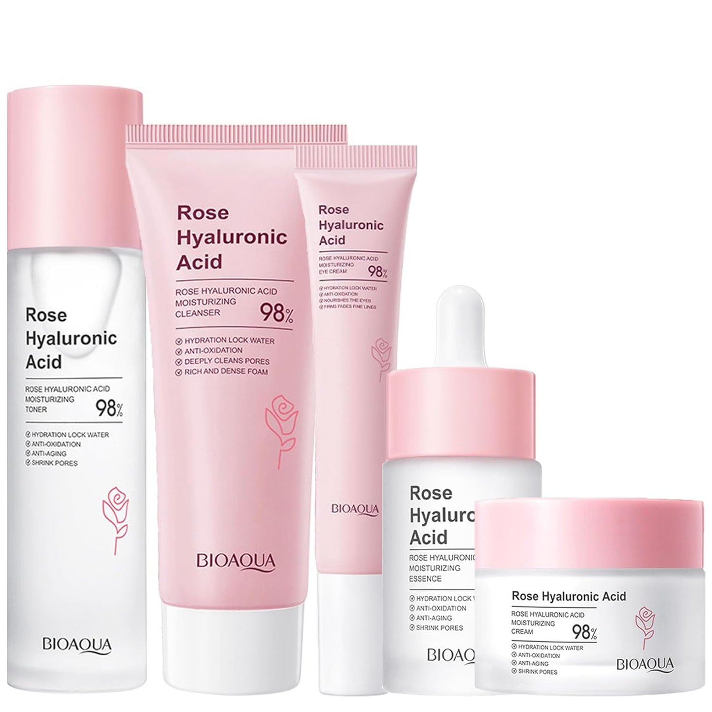 Rose Skin Care Sets, Skin Care Products Set, 5Pcs Hyaluronic Acid Face Care Set with Rose Toner, Rose Serum, Rose Face Cream, Rose Cleanser, Rose Eye Cream, Skin Care Routine Kit for Women Girls