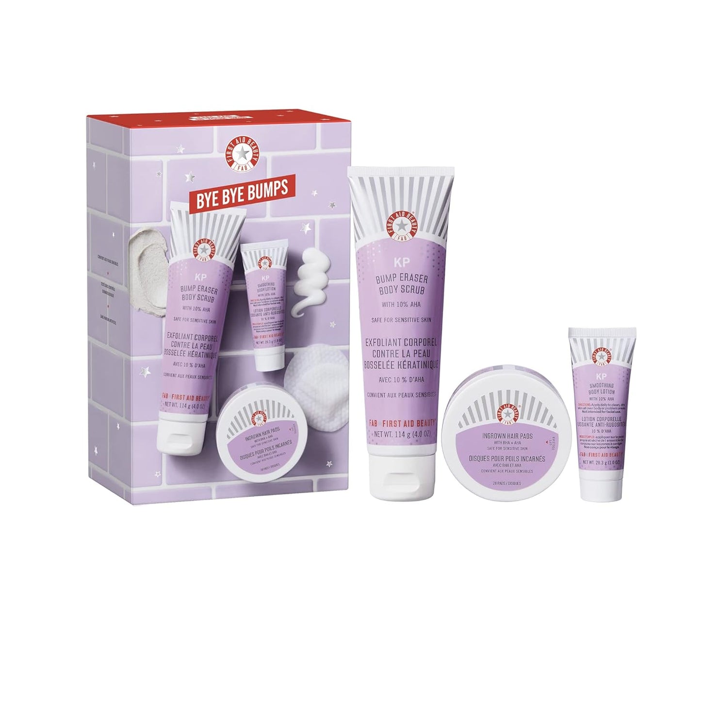 First Aid Beauty Bye Bye Bumps Kit Ð 3 Exfoliating Favorites Ð KP Bump Eraser Body Scrub with 10% AHA, 4 oz, KP Smoothing Body Lotion, 1 oz, + Ingrown Hair Pads, 28 Count