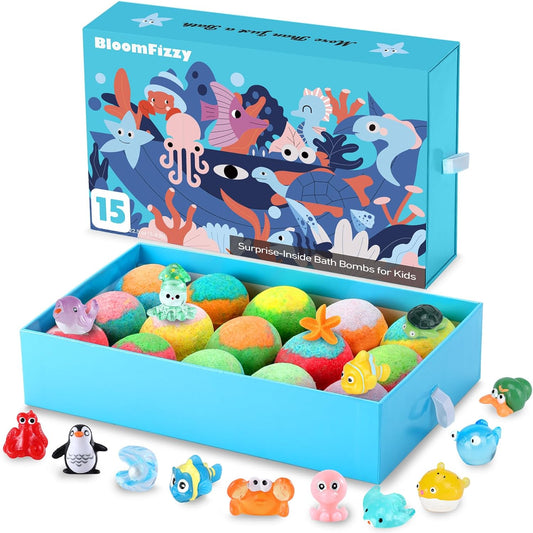 Sea Surprise Bath Bombs for Kids, 15 Pack Organic Fizzy Bath Bombs Gift Set with Hidden Ocean Toys, Gentle & Scented, Kid-Safe & Fun Bath Time, Ideal Christmas Gift & Stocking Stuffer for Kids