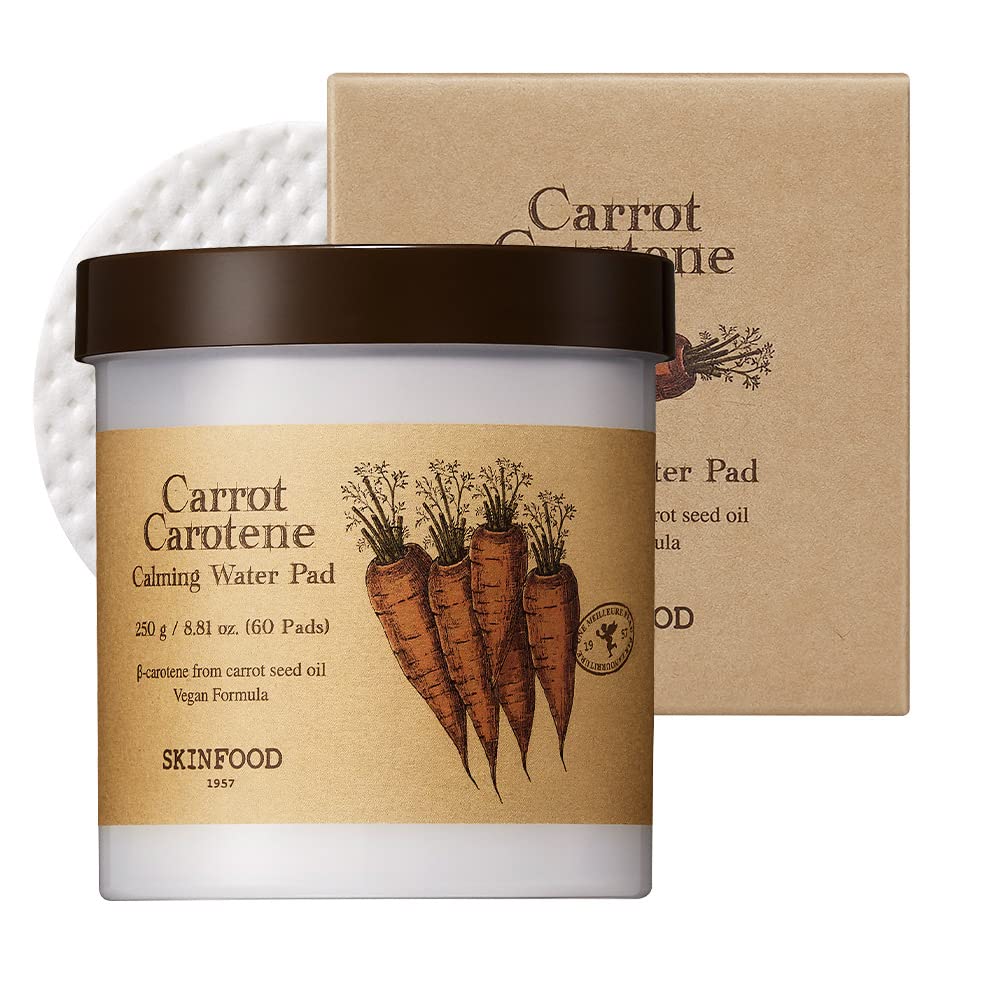 SKINFOOD Carrot Carotene Calming Water Pad 250g (8.81 oz.) 60 Sheets- Redness Relief Soothing Facial Toner Pads for Sensitive Skin, Cruelty Free