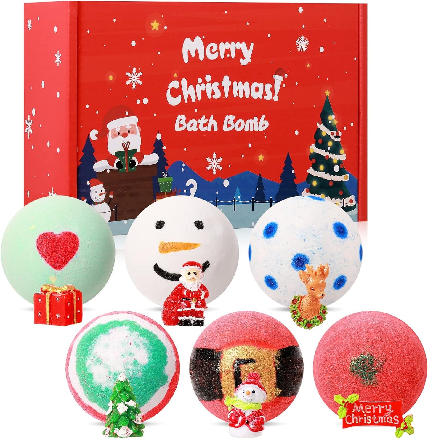 6 Pack Christmas Bath Bombs Set with 6 Pcs Surprise Toys Inside Xmas Bubble Bath Bombs Christmas Colorful Fizz Bath Balls Box Christmas Handmade Bubble Bathbombs for Kids Adults Gift Xmas Theme Party
